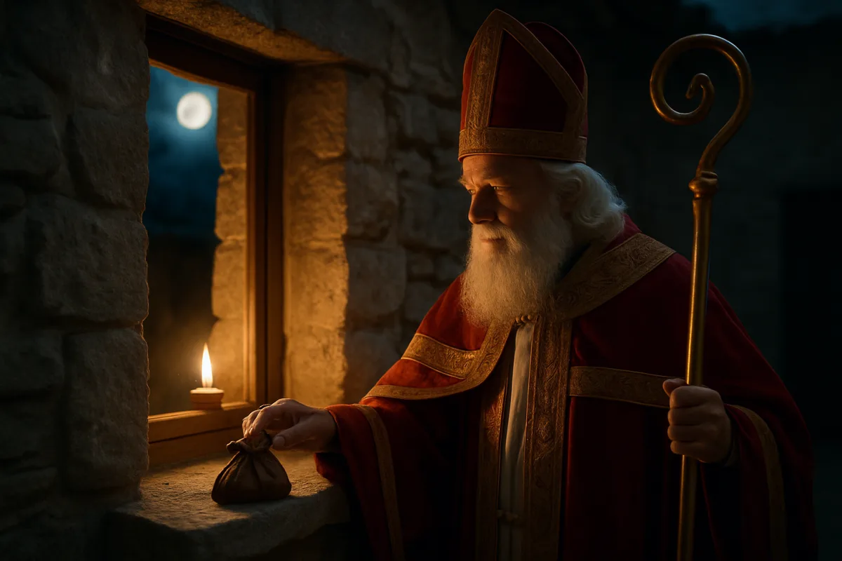 Der heilige Nikolaus im Bischofsgewand legt nachts heimlich einen Beutel Gold auf ein Fensterbrett