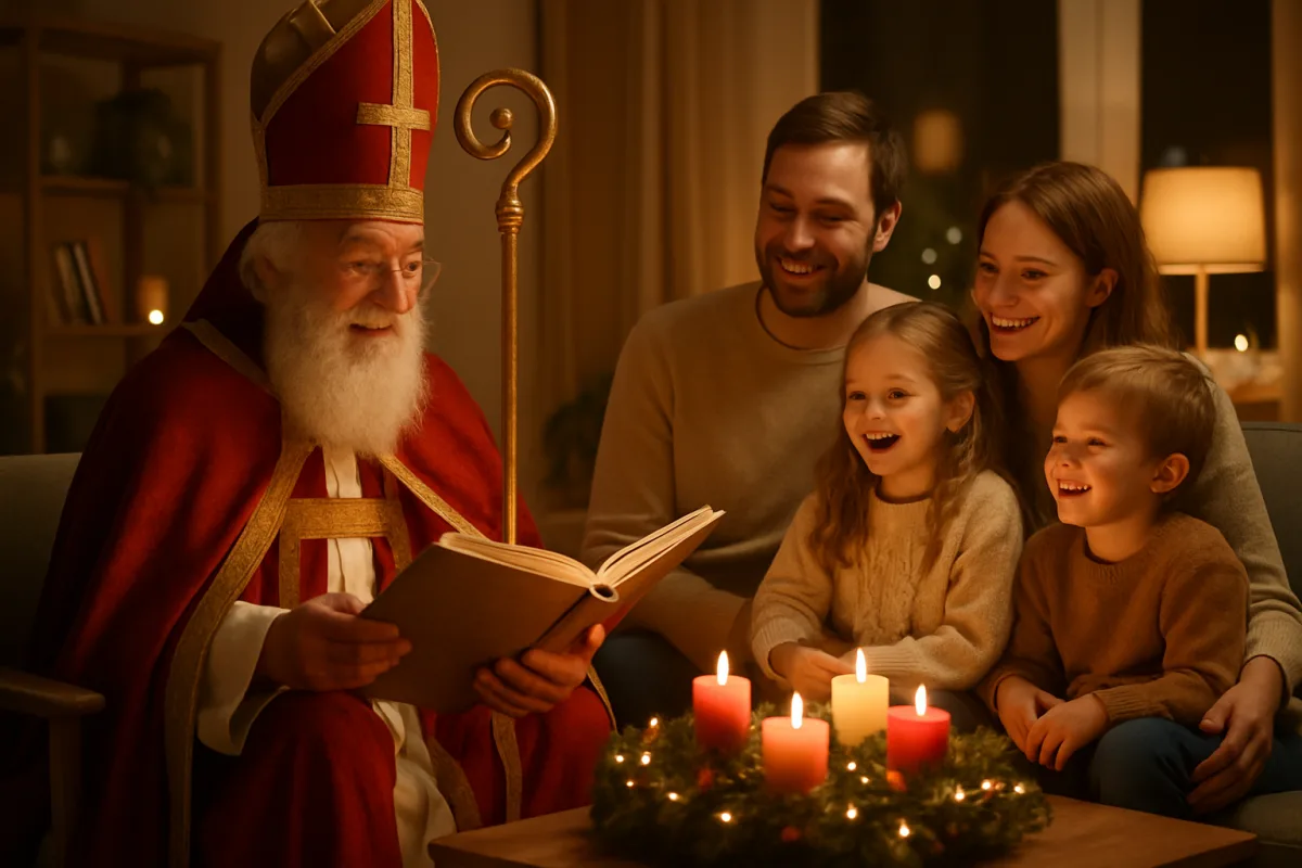 Nikolaus mit Mitra liest zwei Kindern im Wohnzimmer aus dem Goldenen Buch vor, die Eltern sitzen dabei