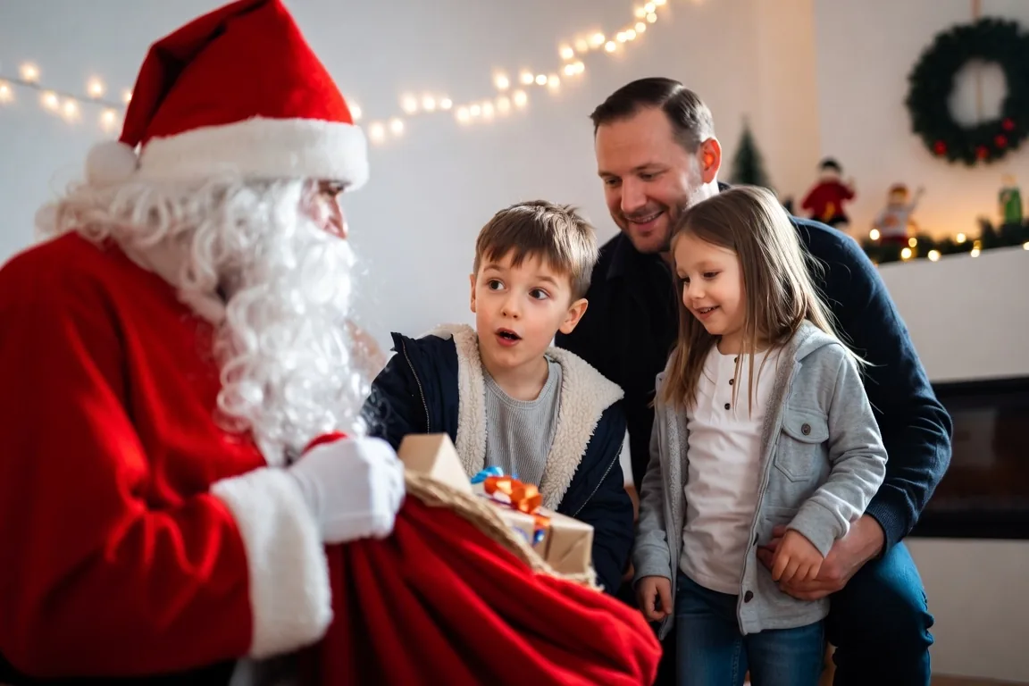 Nikolaus-Darsteller überreicht einer Familie mit zwei Kindern persönlich Geschenke beim Hausbesuch in Augsburg